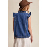 Ruffle Trim Utility Vest-Denim
