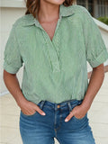 Green Striped Collared Split Neck Women's Blouse