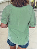 Green Striped Collared Split Neck Women's Blouse