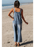 Distressed Pocketed Wide Leg Capri Denim Overall
