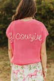 Pink Knit Sweater Boot-Stitch Pocket Edge Thread Top