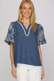 Denim Colored Puff Embroidered Puff Sleeve Top
