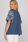 Denim Colored Puff Embroidered Puff Sleeve Top