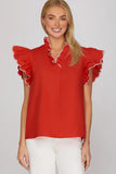 Red Top with White Embroidered Flutter Sleeve Top