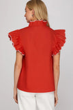 Red Top with White Embroidered Flutter Sleeve Top