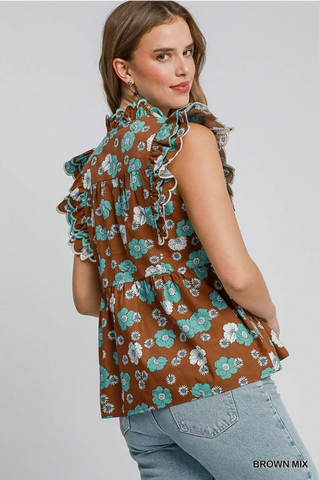 Brown Floral Print Peplum Top