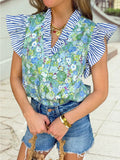 Green Floral Striped Patchwork Flutter Sleeve V Neck Blouse