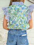 Green Floral Striped Patchwork Flutter Sleeve V Neck Blouse