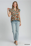 Brown Floral Print Peplum Top