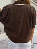 Shirt Collar Contrast Trim Button V Neck  Blouse