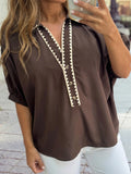 Shirt Collar Contrast Trim Button V Neck  Blouse