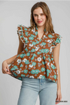 Brown Floral Print Peplum Top