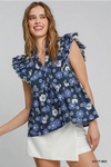 Navy Floral Print Peplum Top