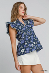 Navy Floral Print Peplum Top