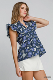 Navy Floral Print Peplum Top