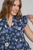 Navy Floral Print Peplum Top