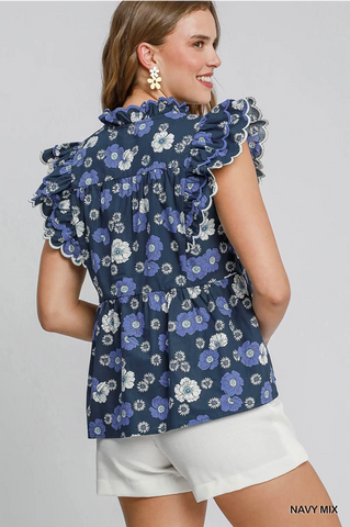 Navy Floral Print Peplum Top