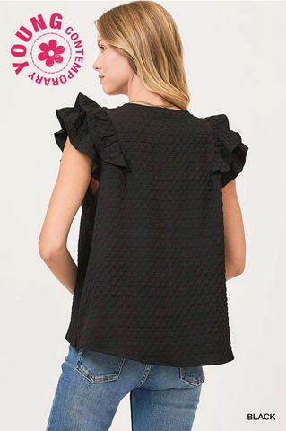 Textured Jacquard Top with Short Ruffled Sleeves