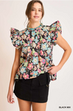 Black Floral Ruffle Sleeve Blouse