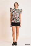 Black Floral Ruffle Sleeve Blouse