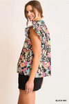 Black Floral Ruffle Sleeve Blouse