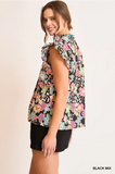 Black Floral Ruffle Sleeve Blouse
