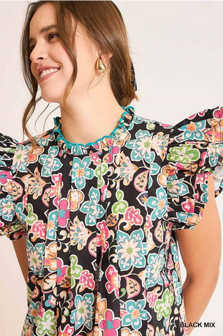 Black Floral Ruffle Sleeve Blouse