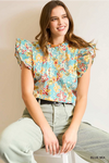 Blue Floral Ruffle Sleeve Blouse