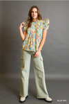 Blue Floral Ruffle Sleeve Blouse