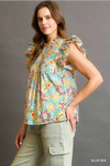 Blue Floral Ruffle Sleeve Blouse