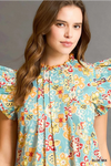 Blue Floral Ruffle Sleeve Blouse