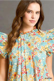 Blue Floral Ruffle Sleeve Blouse
