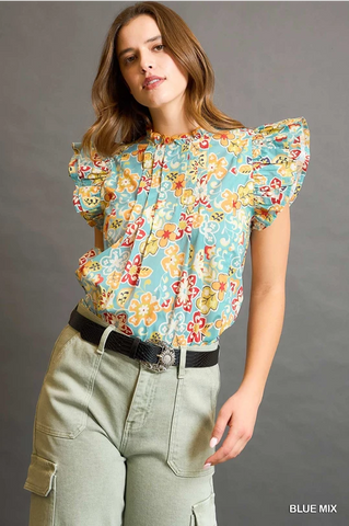 Blue Floral Ruffle Sleeve Blouse