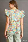 Blue Floral Ruffle Sleeve Blouse