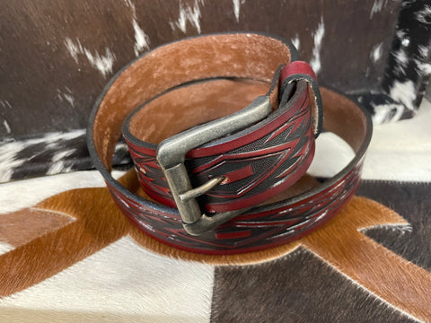 Red Brown Leather Belt with Antique Tribal