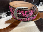 Brown with Pink Embossed Flower Belt
