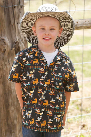 Cinch Boy's Funny Farm Camp Shirt
