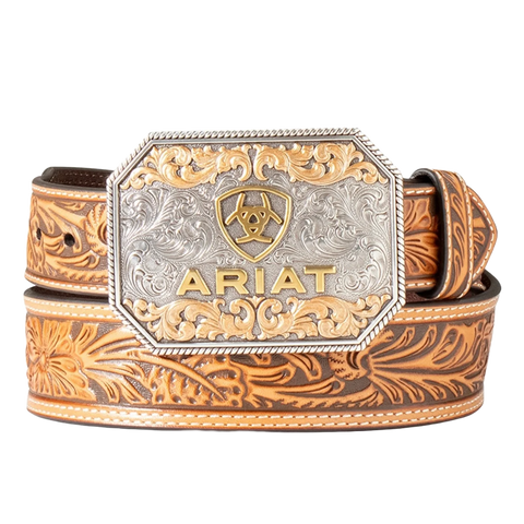 Ariat Men's Floral Tan Embossed Logo Buckle Belt