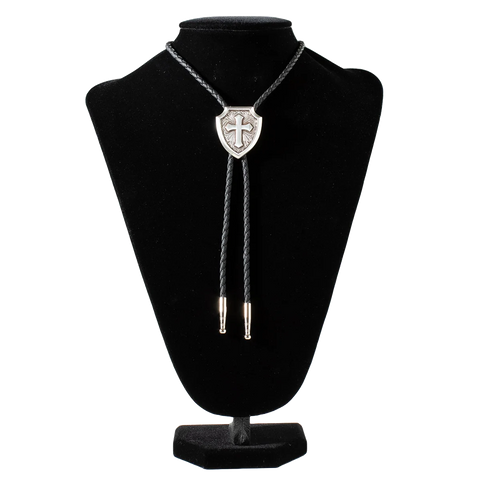 Antiqued Silver Cross Shield Bolo Tie
