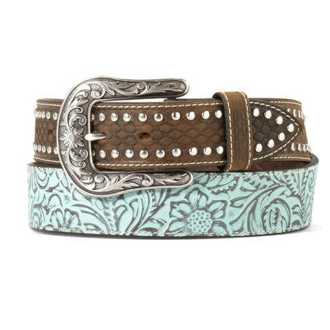 Ariat Floral Embossed Leather Belt w Antique Silver Finish Buckle
