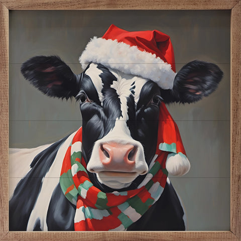 Santa Dairy Cow with Hat & Scarf Sign