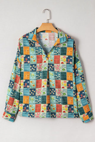 Sky Blue Floral Collared V Neck Roll up Sleeve Shift Blouse