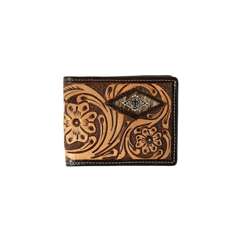 Calf Hair Underlay Brown Tooled Bilfold Wallet