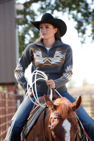 Cinch Women's Aztec 1/4 Zip Charcoal Sweater