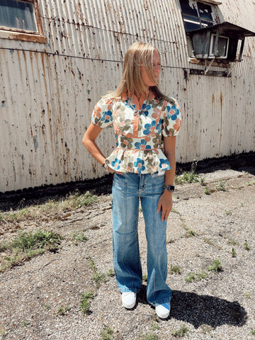 Risen High Rise Medium Wash Pintuck Detailed Wide Leg Jeans