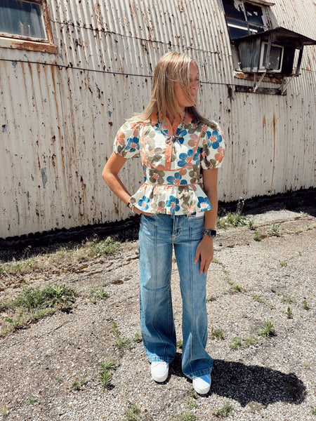 Risen High Rise Medium Wash Pintuck Detailed Wide Leg Jeans