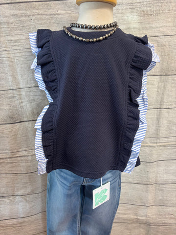 Girl's Blue Striped Ruffle Knit Textured Top