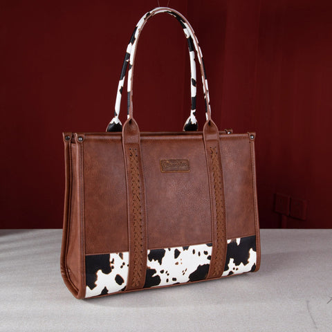 Wrangler Cow Print Concealed Carry Wide Tote-Brown