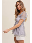 Polka Dot Mesh Puff Sleeve Baby Doll Blouse-Dusty Blue