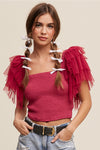 Tiered Ruffle Sleeve Top with Square Neck in Deep Rose